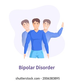 Diseases Bipolar Disorder, Manic-depressive Psychosis. Man Suffers From Mood Swings, Illnesses Symptoms Depression, Euphoria, Hopelessness, Tearful Cartoon Vector