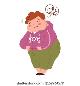 Diseases of the gastrointestinal tract. Sad boy holding her stomach in pain. Shame for obesity. The fat child is suffering. Stop children's overeating. Flat style in vector illustration.