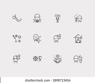 Diseases icons set. Fever and diseases icons with sore throat, sleep and incoordination. Set of prevention for web app logo UI design.