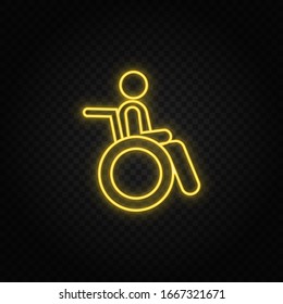 Diseases, invalid, stroller yellow neon icon. Transparent background 