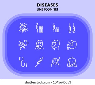 Diseases line icon set. Healthcare concept. Syringe, injection, bacteria, person, pain. Vector illustration can be used for topics like medicine, health, treatment