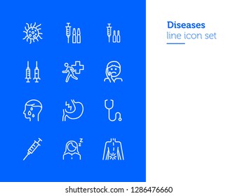 Diseases line icon set. Set of line icons. Healthcare concept. Syringe, injection, bacteria, person, pain. Vector illustration can be used for topics like medicine, health, treatment