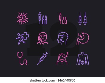 Diseases line icon set. Set of line icons on white background. Healthcare concept. Syringe, injection, bacteria, person. Vector illustration can be used for topics like medicine, health, treatment 