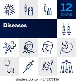 Diseases line icon set. Set of line icons on white background. Healthcare concept. Syringe, injection, bacteria, person, pain. Vector illustration can be used for topics like medicine, health