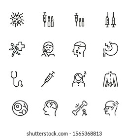 Diseases line icon set. Set of line icons on white background. Healthcare concept. Syringe, injection, bacteria, person, pain. Vector illustration can be used for topics like medicine, health