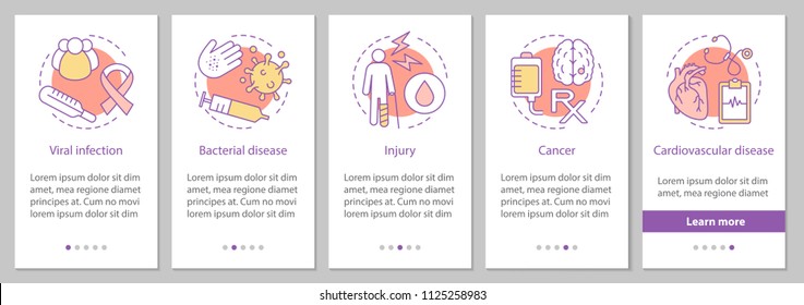 Diseases onboarding mobile app page screen with concept. Viral, bacterial infections, injury, cardiovascular diseases, cancer steps graphic instructions. UX, UI, GUI vector template with illustrations