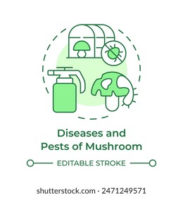 Diseases and pests of mushrooms soft green concept icon. Fungal infections. Mushroom management and regulation. Round shape line illustration. Abstract idea. Graphic design. Easy to use in article