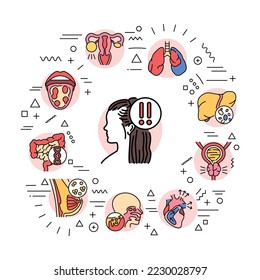 Banner web sobre enfermedades. Infografía con iconos lineales sobre fondo blanco. Concepto creativo.