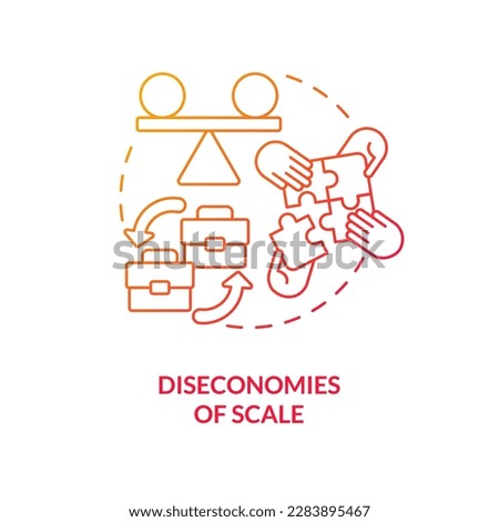 Diseconomies of scale red gradient concept icon. Disadvantage of merger abstract idea thin line illustration. Coordination difficulties. Isolated outline drawing. Myriad Pro-Bold font used