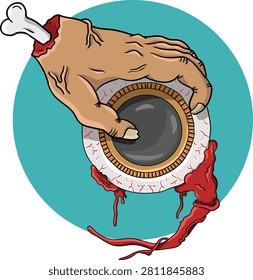 A disembodied hand with a bone protruding from the wrist grips a bloody eyeball with a golden iris.