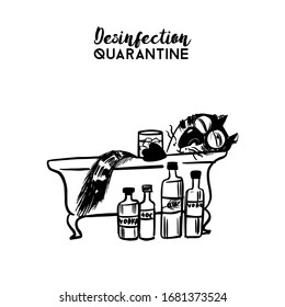 Disenfection quarantine poster. Funny cat vector illustration