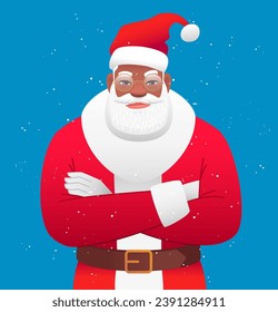 Disgruntled black Santa Claus in glasses and white gloves stands with his arms crossed. African Santa looks at you reproachfully. Elements for the design of a Christmas card. Vector illustration