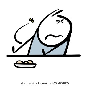 Disgruntled boy sits at the table and refuses to eat tasteless food. Vector illustration stickman made a face of disgust, a fly landed on the meat.  Isolated funny character and bad insect.