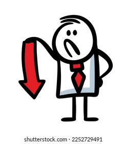 Disgruntled businessman shows the direction of falling sales. Vector illustration of a sad stick gigure character in an office suit and red tie.