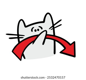 Disgruntled cat with a big mustache holds a red arrow in his mouth. A vector illustration of a cartoon sad animal shows the downward direction. Funny pet is sad. Isolated animal on white background.