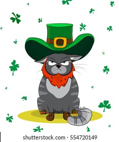 Disgruntled Cat dressed as a leprechaun. Poster St. Patrick Day.