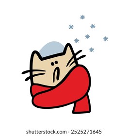 Disgruntled cat looks at the falling one.fresh snowflakes. Vector illustration of a cute kitten freezing in winter, wearing a red warm scarf. Isolated character on white background.