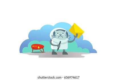 Disgruntled cat UFO alien arrived on rocket and brought letter postman. Funny news subscription vector illustration