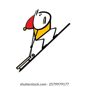 Disgruntled child in winter clothes carries a sled up the mountain. Vector illustration the boy is tired, it is difficult to climb up. Isolated funny character on white background.