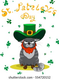 Disgruntled color Cat dressed as a leprechaun. Poster St. Patrick Day.