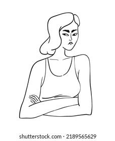 Disgruntled Doodle Girl. Young Woman Looks Incredulously With Her Arms Crossed. Grumpy Person Vector Sketch Isolated On White Background.