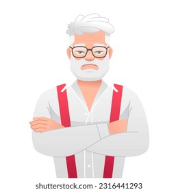 Disgruntled elderly man stands with his arms crossed. Sad old gray-haired bearded grandfather in glasses. Successful confident businessman. Vector cartoon illustration isolated on white background.