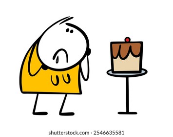 Disgruntled fat woman looks at a chocolate cake and drools. Vector girl can not eat dessert, protects her figure, diets, suffers. Isolated csrtoon  female character on white background.