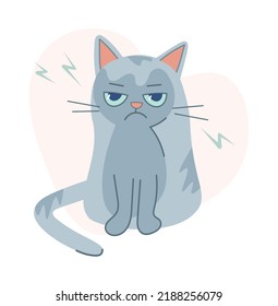 Disgruntled and frustrated cat. Cute and funny upset gray kitten. Can be used for printing on t-shirts, postcards, posters. Vector cartoon flat isolated illustration