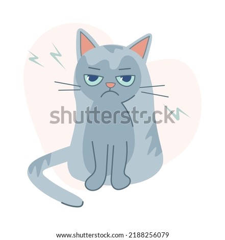 Disgruntled and frustrated cat. Cute and funny upset gray kitten. Can be used for printing on t-shirts, postcards, posters. Vector cartoon flat isolated illustration