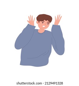Verärgerte gestikulierende junge Mann sieht überrascht aus. Der emotionale männliche Charakter ist schockiert. Ausdruck der Unzufriedenheit. Cartoon, Vektorgrafik auf einfarbigem weißem Hintergrund.