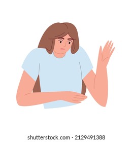 Disgruntled gesticulating young woman looks surprised. The emotional female character is shocked. Expression of discontent. Cartoon vector flat illustration on an isolated white background.