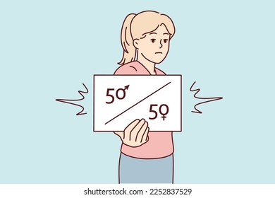 Disgruntled girl shows sign calling for equal number of men and women in companies or governments. Lady activist in casual wear showing feminist banner demanding equality. Flat vector design