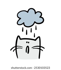 Disgruntled gray kitten gets wet in the rain. Vector illustration of a cloud with drops, bad weather, a cat is suffering. Isolated animal character on white background.