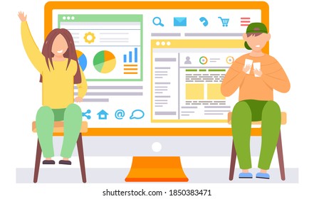 Disgruntled guy sitting with cards in his hands. Happy girl is raising her hand. Children play a game together. Office management. Statistical charts and inscriptions on monitor in the background