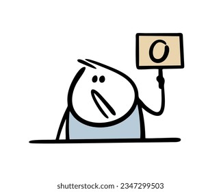 Disgruntled judge at sports competitions evaluates the performance of an athlete. Vector illustration of a stickman holding a sign with the lowest score. Doodle person isolated on white background.