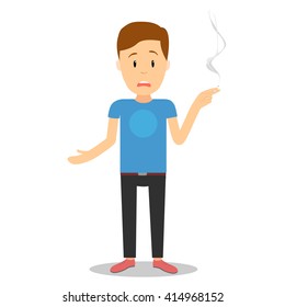 
disgruntled man in a blue T-shirt  with a cigarette and smokes