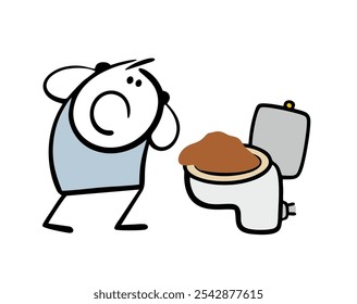 El hombre descontento lleva dos cubos llenos de agua. Ilustración vectorial de un stickman y una carga pesada. Entrega por mensajería de líquido limpio. Sed. Personaje aislado en problemas sobre fondo blanco.