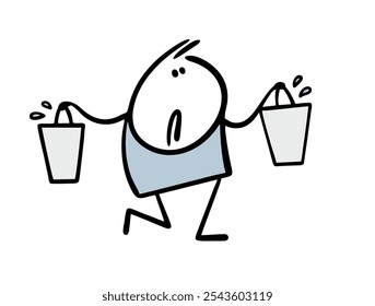 Disgruntled man carries two buckets full of water. Vector illustration of a stickman and a heavy load. Courier delivery of clean liquid. Thirst. Isolated funny sad character on white background.