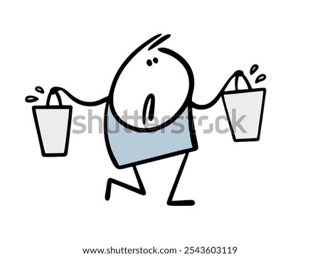 Disgruntled man carries two buckets full of water. Vector illustration of a stickman and a heavy load. Courier delivery of clean liquid. Thirst. Isolated funny sad character on white background.