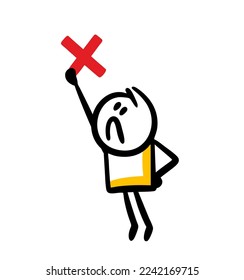 A disgruntled man holds a red mark in the shape of a cross in his outstretched hand. Vector illustration of doodle character with protest.