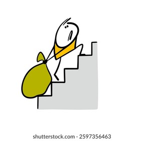 Disgruntled man pulls a huge bag up the stairs. Vector illustration, stairs and a tired stickman. Funny doodle cartoon isolated on white background.