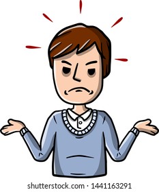 Disgruntled man threw up his hands. Sad character. sorrowful guy. Emotions of malice and unfortunate. Hand-drawn sketch. Unhappy Boy