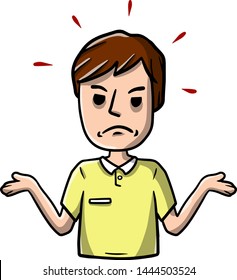 Disgruntled man threw up his hands. Sad character. sorrowful guy. Emotions of malice and unfortunate. Hand-drawn sketch. Unhappy Boy