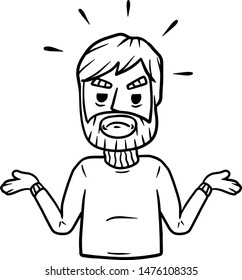 Disgruntled man threw up his hands. Sad character. sorrowful guy. Emotions of malice and unfortunate. Hand-drawn sketch. Unhappy Boy