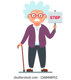disgruntled old woman with a stop sign. vector illustration of grandmother character with a cane in hand on a white background.