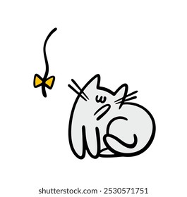 Disgruntled pet turned away from the toy. Vector doodle  illustration of a rope with a bow and the cat does not want to play with the owner. Funny cartoon  kitten isolated on white background. 