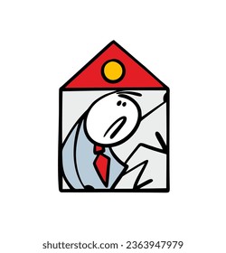 Disgruntled stickman agent in a real estate agency is sitting in a small cramped house. Vector illustration of psychological boundaries in business and at work. Funny character isolated on white.