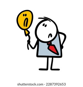 Disgruntled stickman businessman holds a balloon in his hand with   frustrated human face. Vector illustration of negative emotions and failure in a business career.