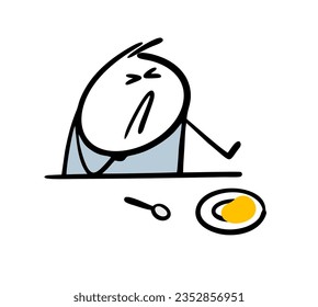 Disgruntled stickman child winced in disgust and pushed the plate of food away from him. Vector illustration of a fastidious teenager at lunch or breakfast.Funny doodle character isolated on white.