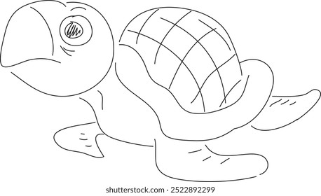 disgruntled turtle, hand drawn with black brush on white background